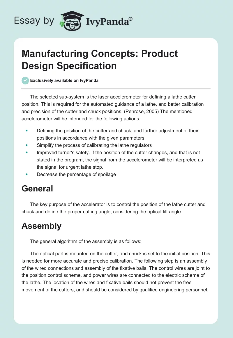 Manufacturing Concepts: Product Design Specification. Page 1