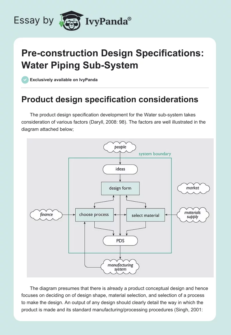 Pre-Construction Design Specifications: Water Piping Sub-System. Page 1