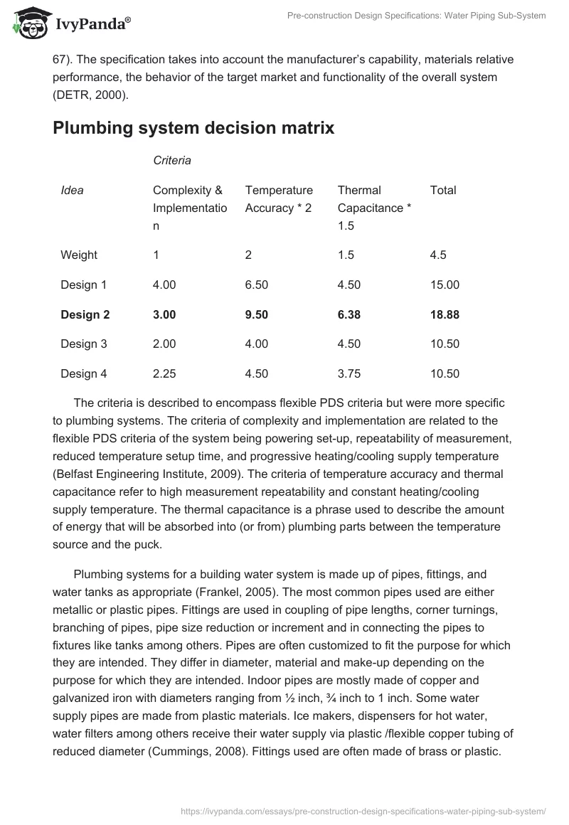 Pre-Construction Design Specifications: Water Piping Sub-System. Page 2