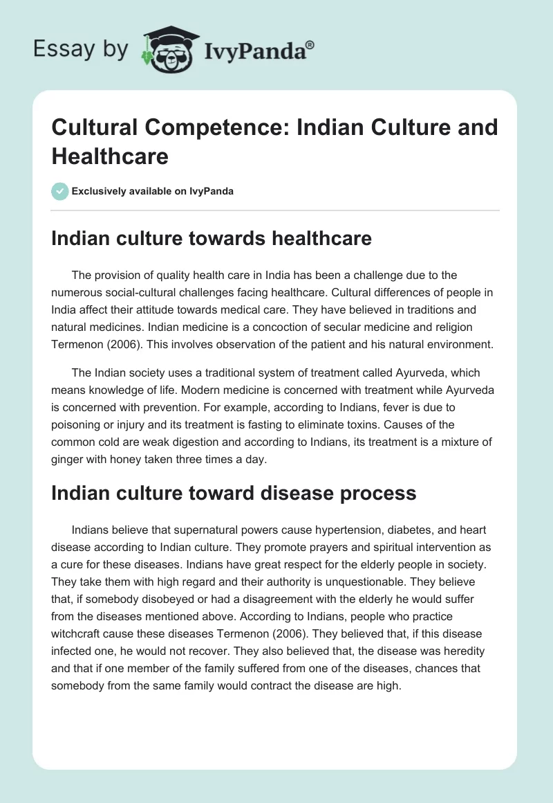 Cultural Competence: Indian Culture and Healthcare. Page 1
