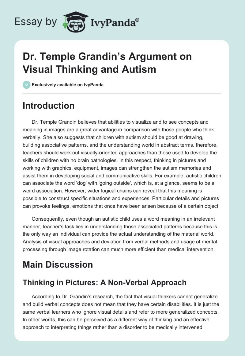 Dr. Temple Grandin’s Argument on Visual Thinking and Autism. Page 1