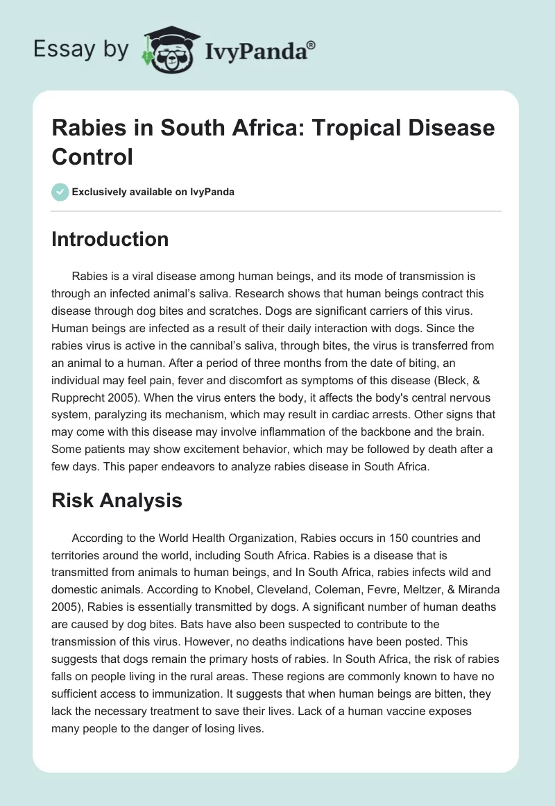 Rabies in South Africa: Tropical Disease Control. Page 1