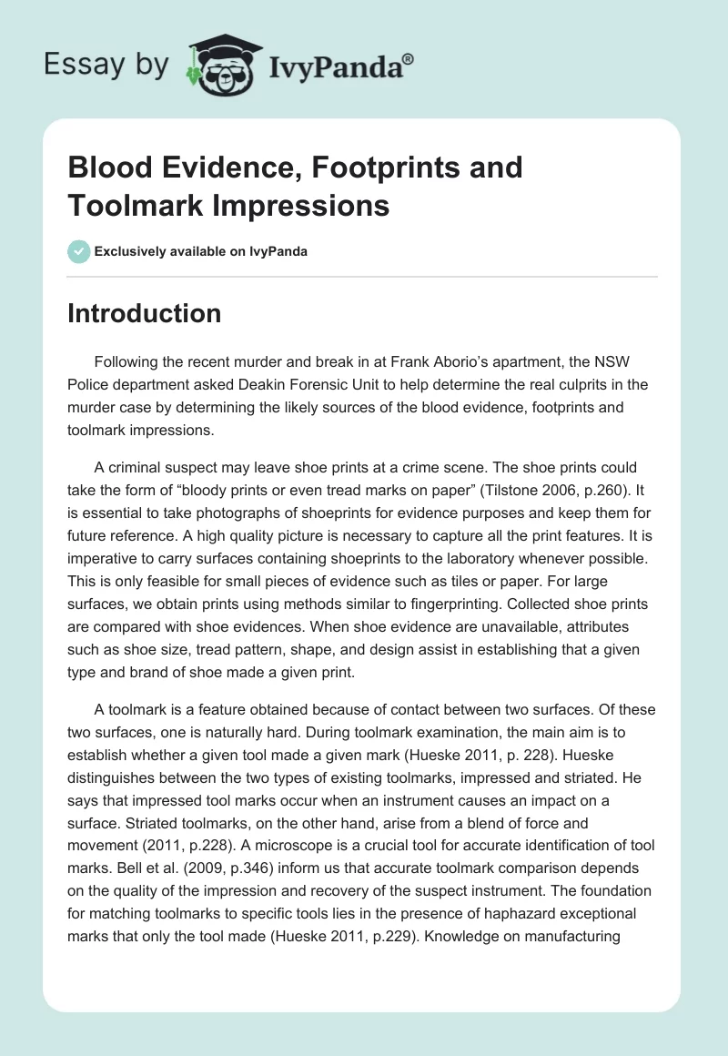 Blood Evidence, Footprints and Toolmark Impressions. Page 1