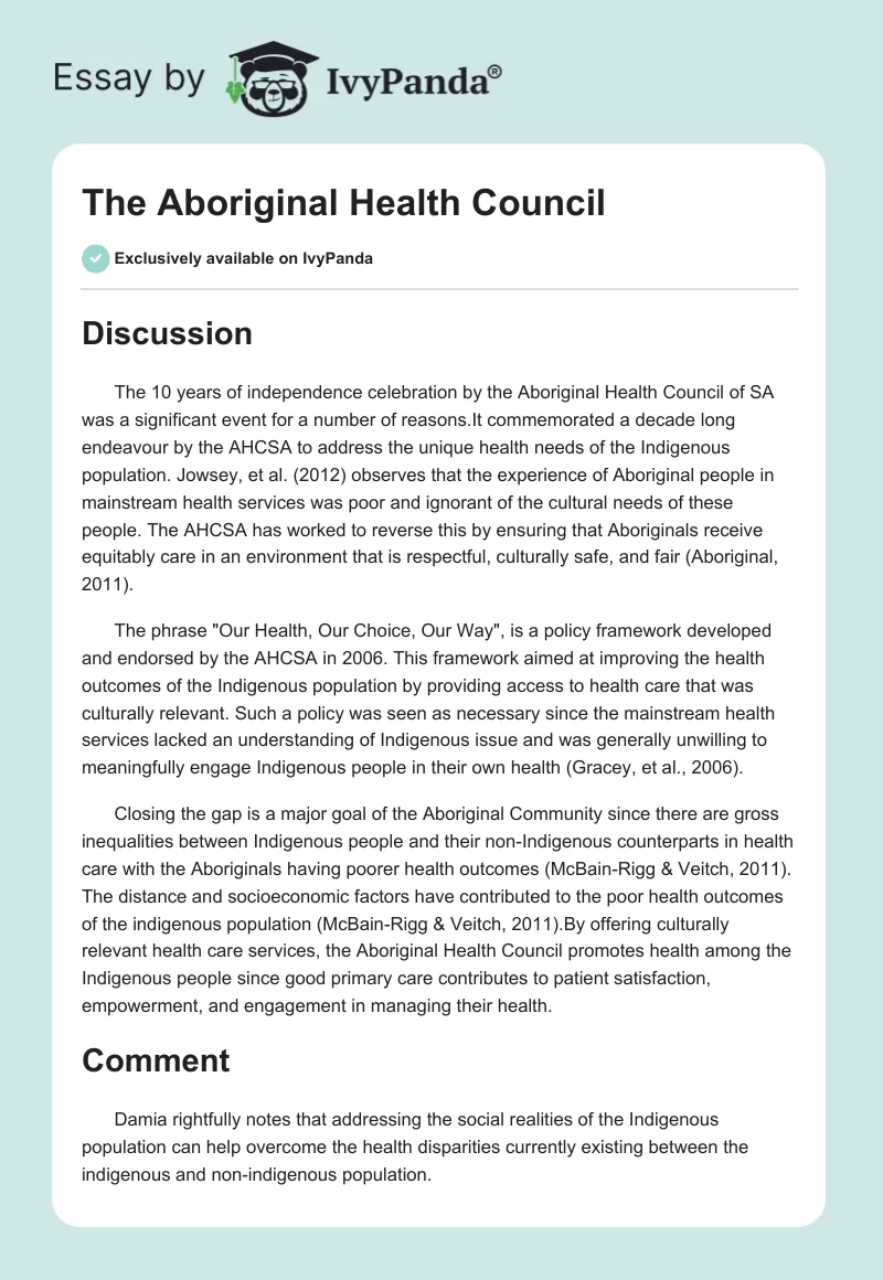 The Aboriginal Health Council. Page 1