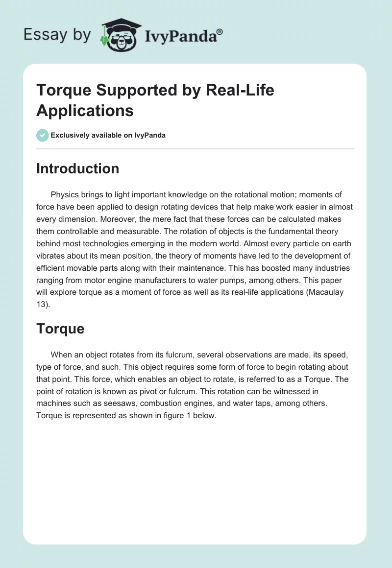 Torque Supported by Real-Life Applications. Page 1