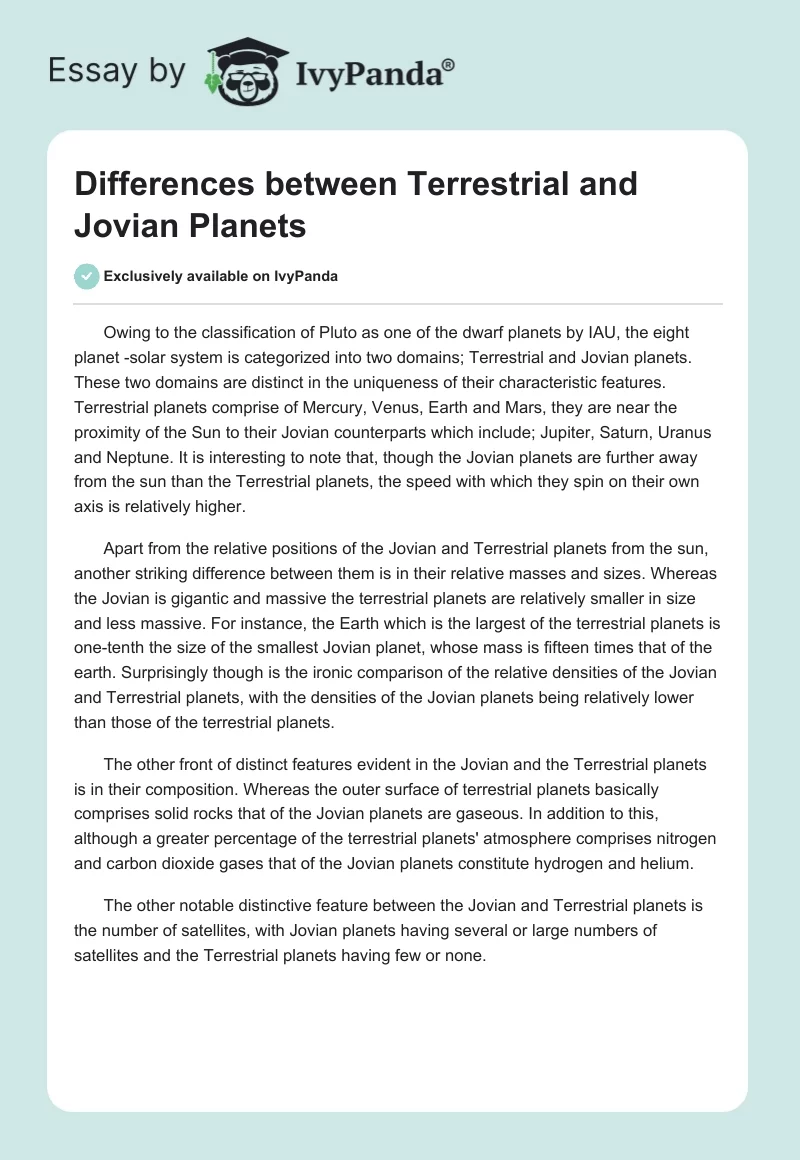 Differences between Terrestrial and Jovian Planets. Page 1
