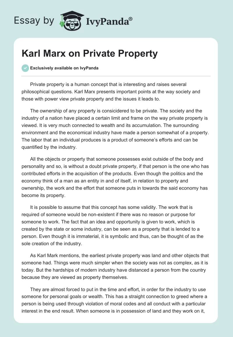 Karl Marx on Private Property. Page 1