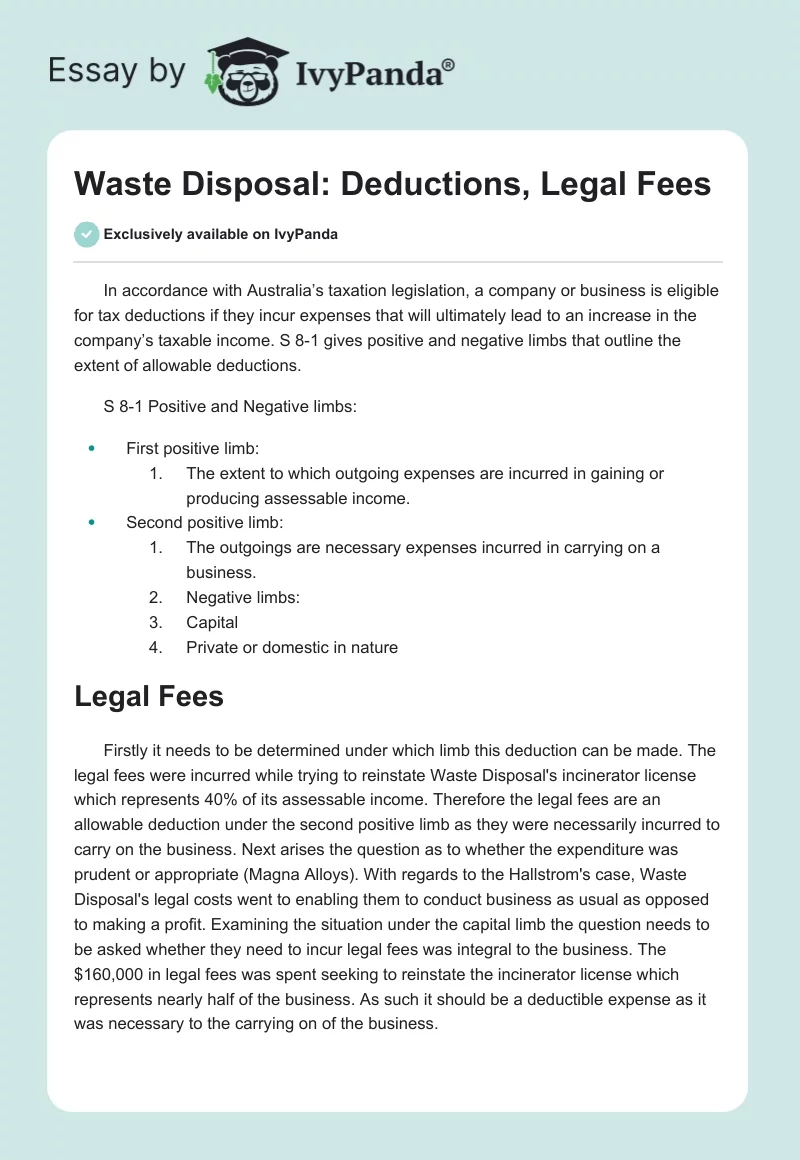 Waste Disposal: Deductions, Legal Fees. Page 1