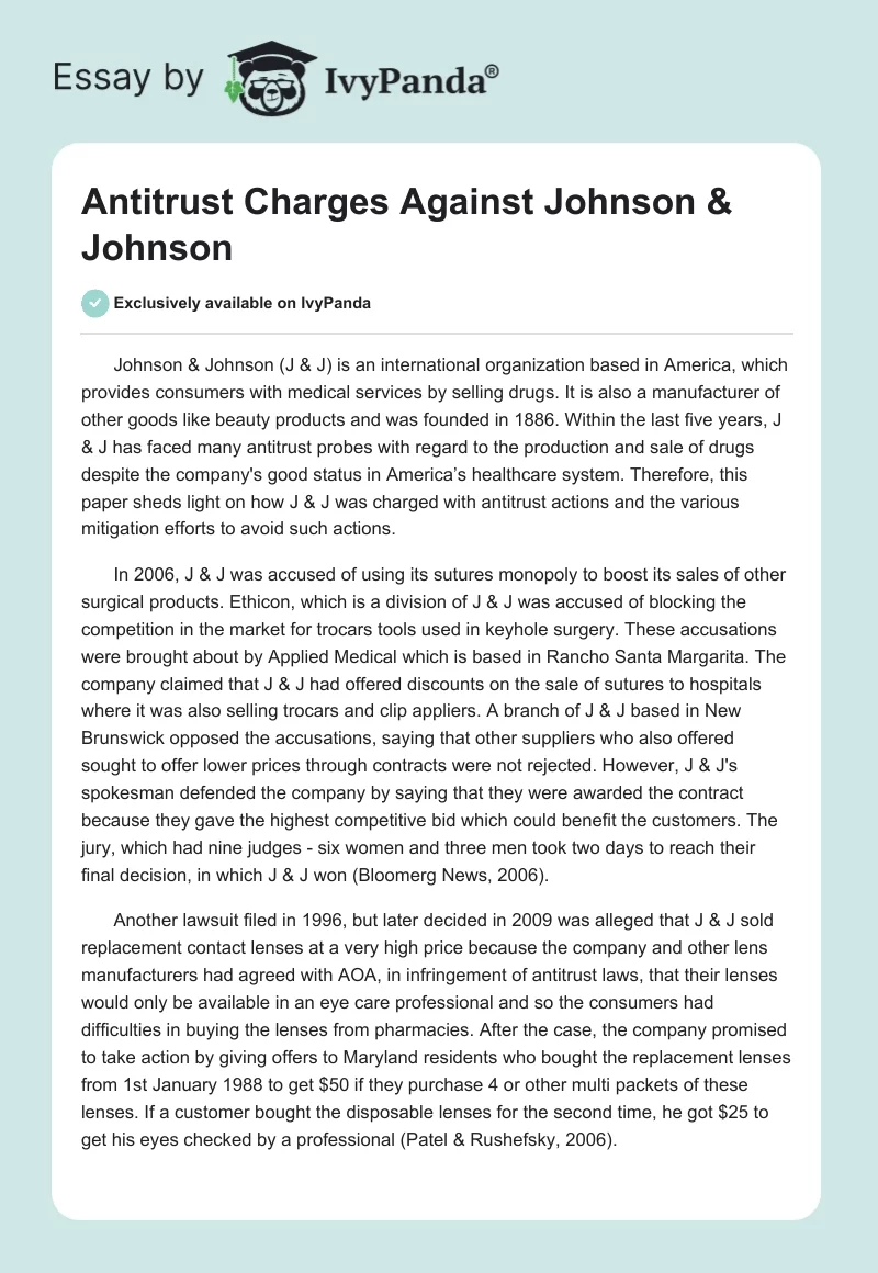 Antitrust Charges Against Johnson & Johnson. Page 1