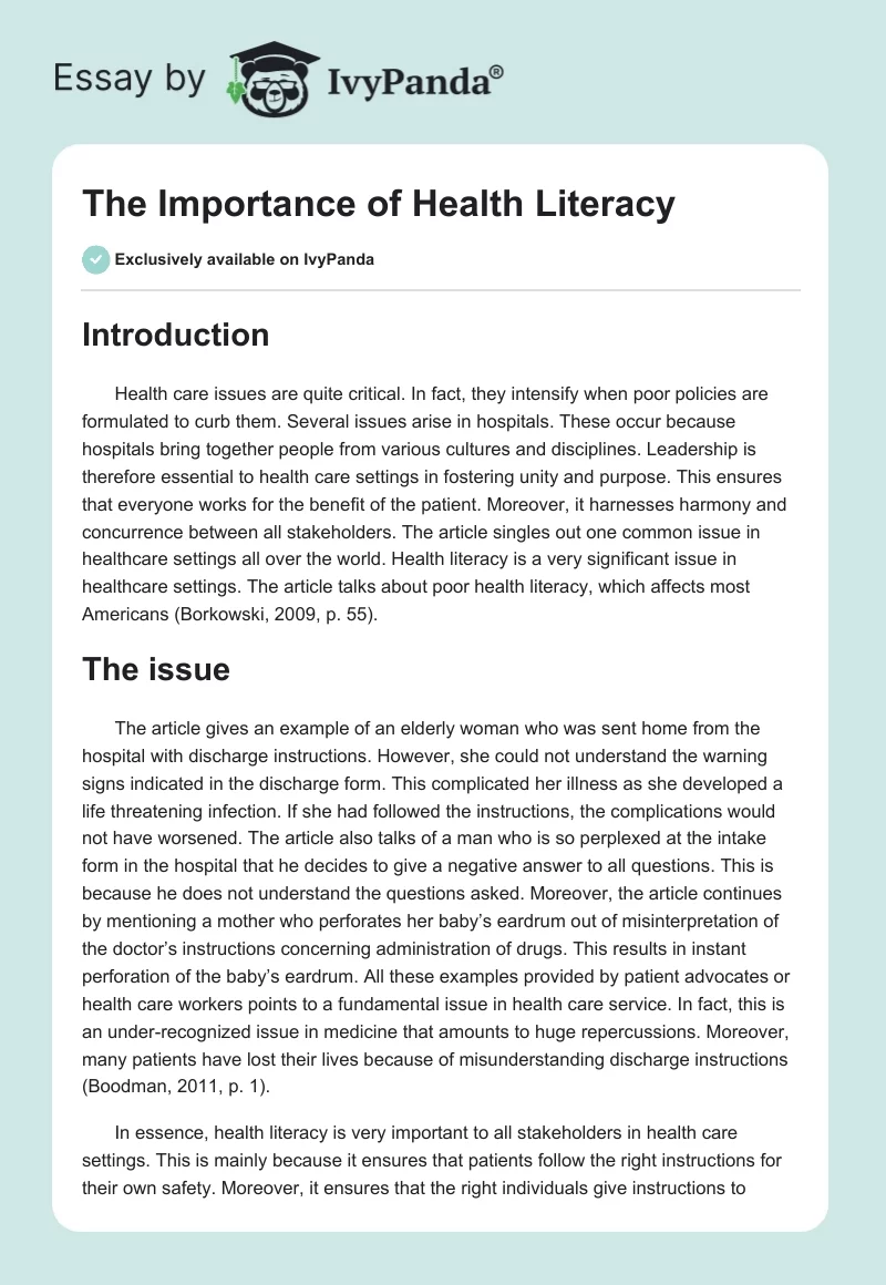 The Importance of Health Literacy. Page 1