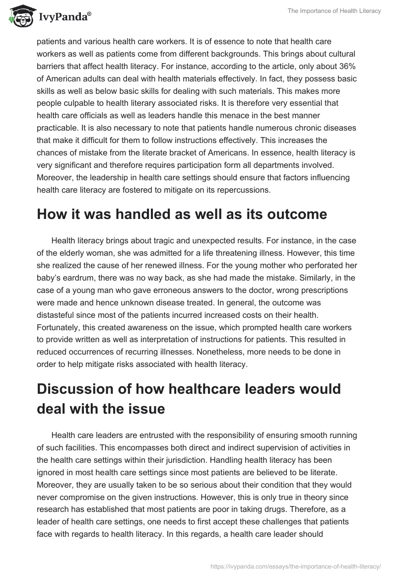 The Importance of Health Literacy. Page 2
