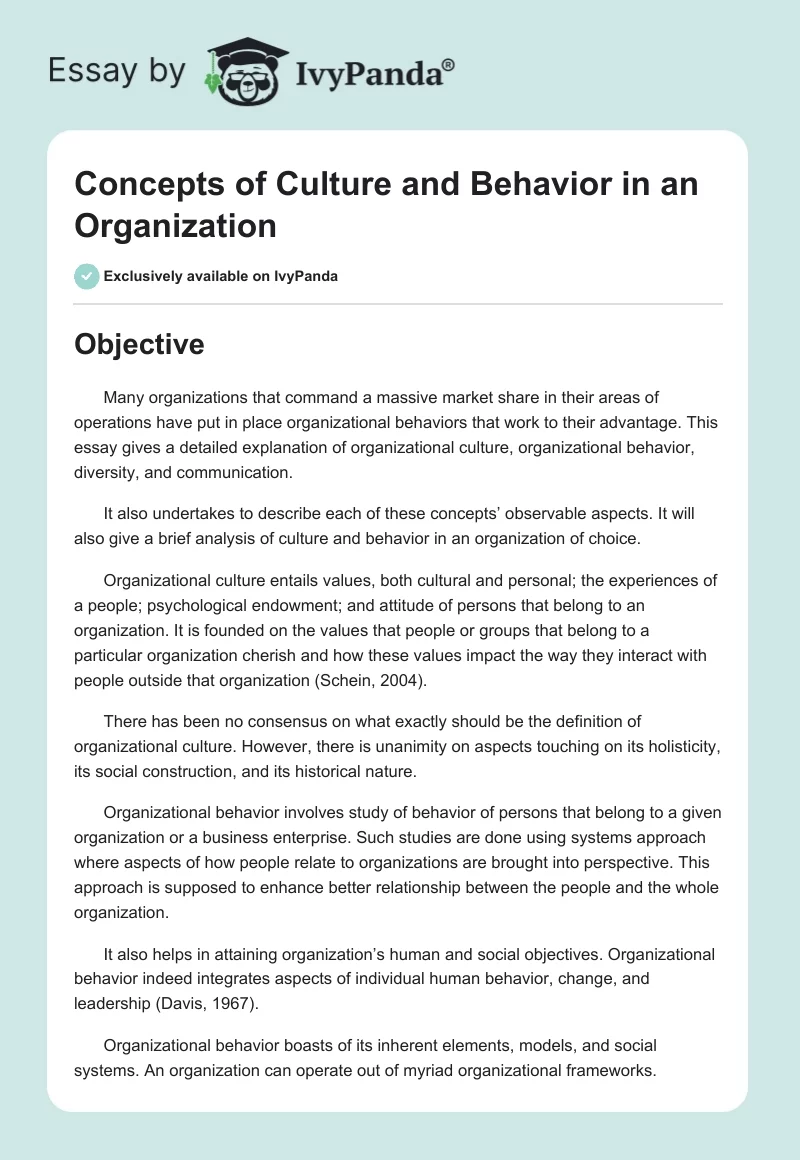 Concepts of Culture and Behavior in an Organization. Page 1