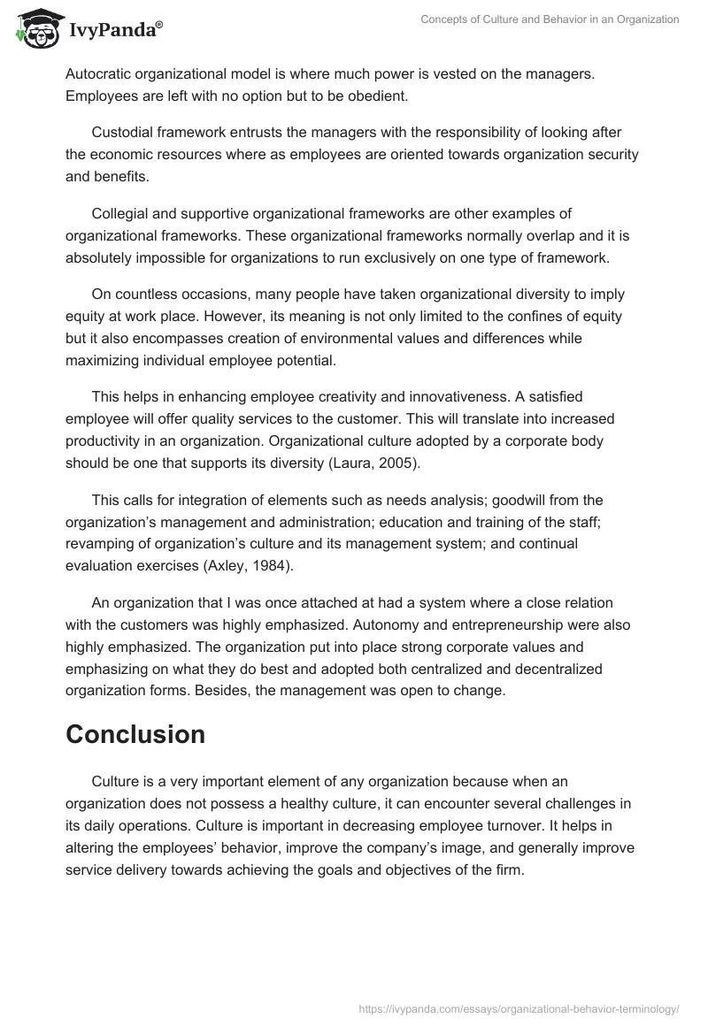 Concepts of Culture and Behavior in an Organization. Page 2