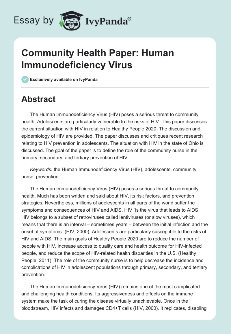 Community Health Paper: Human Immunodeficiency Virus. Page 1