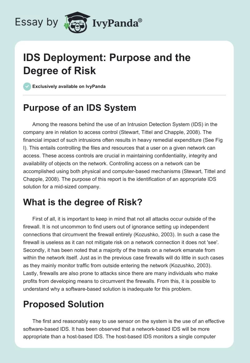 IDS Deployment: Purpose and the Degree of Risk. Page 1