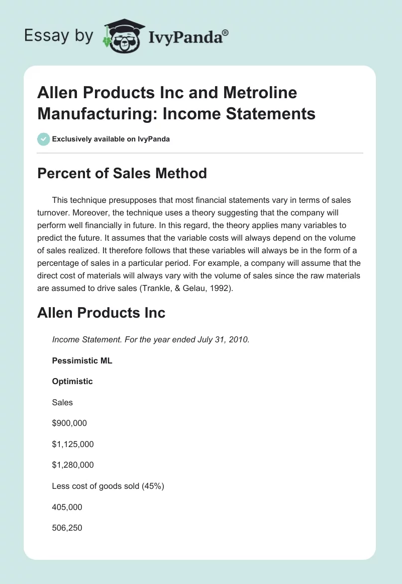 Allen Products Inc and Metroline Manufacturing: Income Statements. Page 1