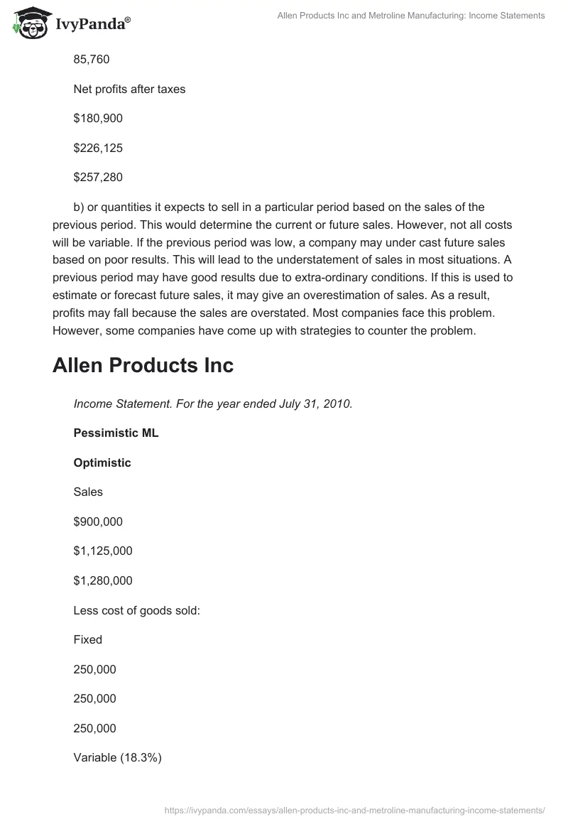 Allen Products Inc and Metroline Manufacturing: Income Statements. Page 3