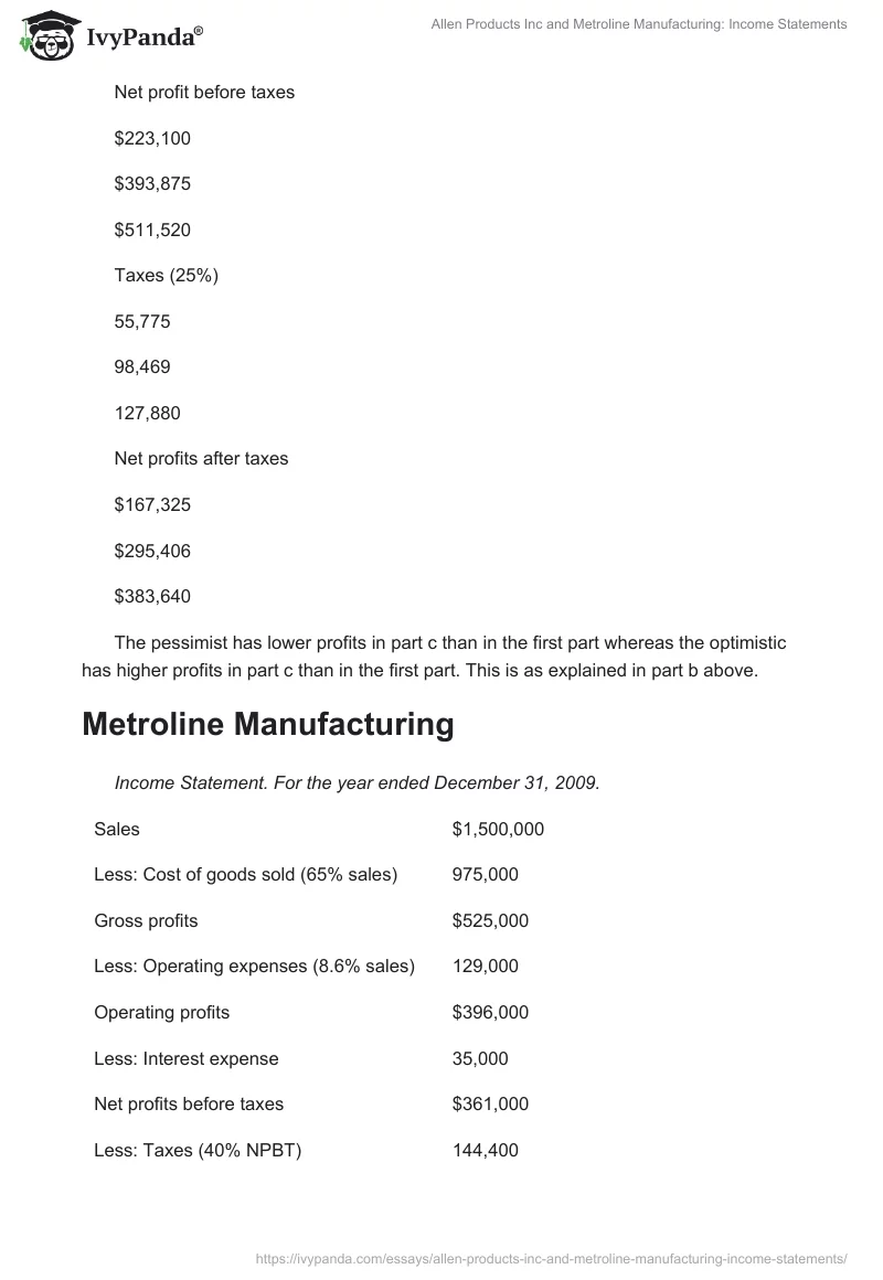 Allen Products Inc and Metroline Manufacturing: Income Statements. Page 5