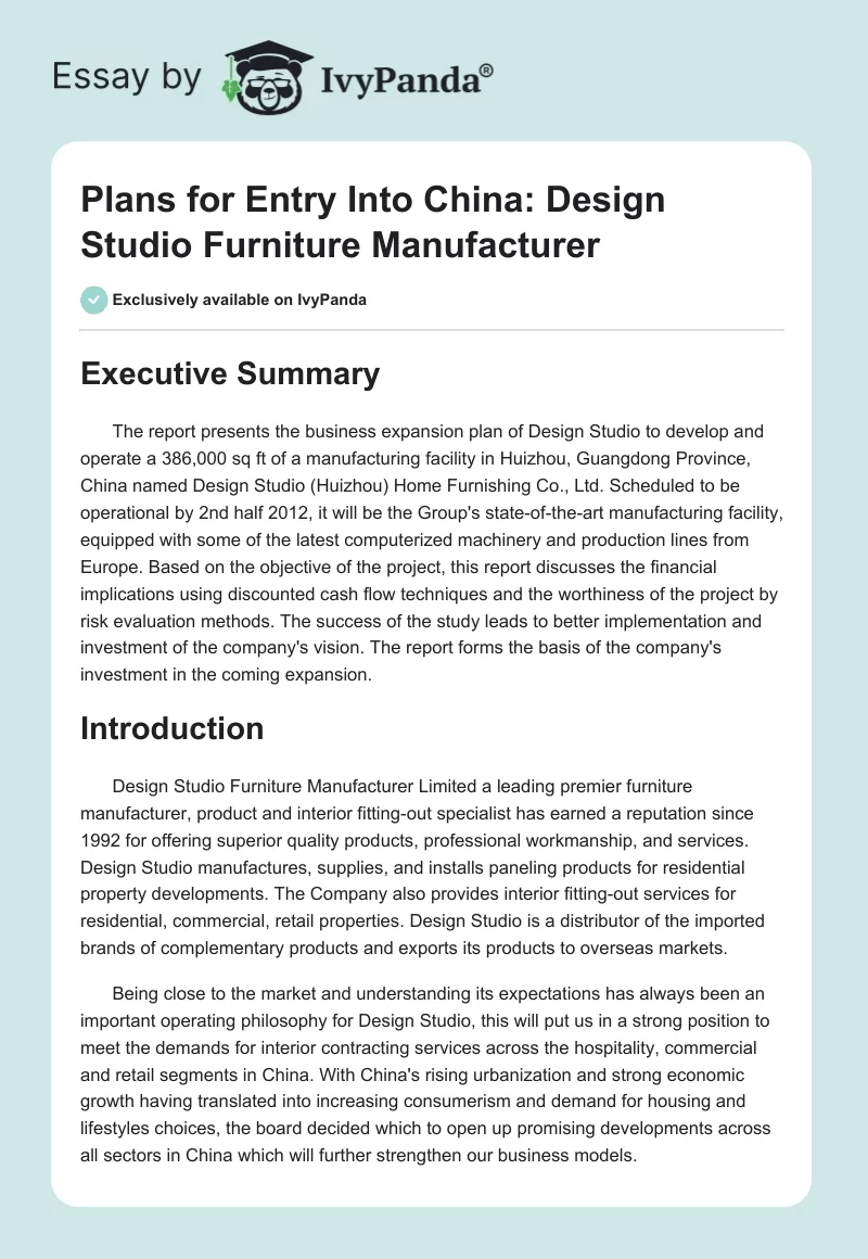 Plans for Entry Into China: Design Studio Furniture Manufacturer. Page 1