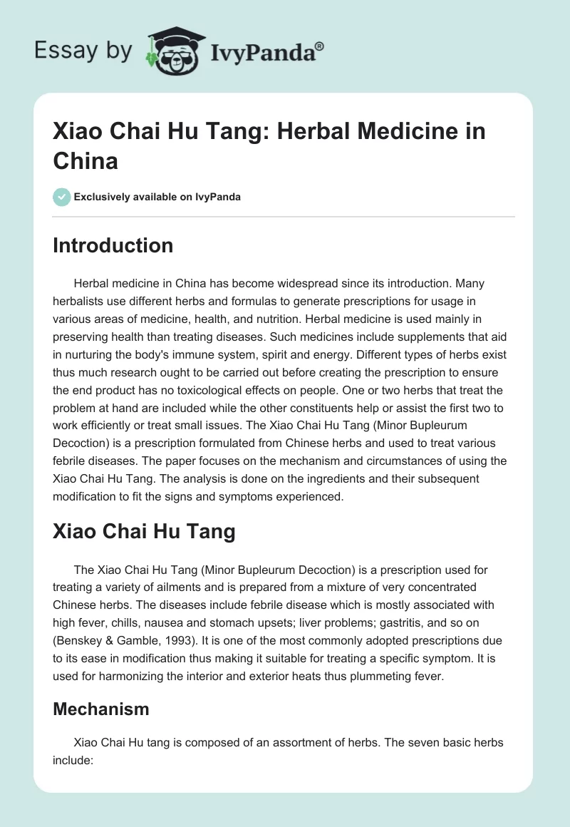 Xiao Chai Hu Tang: Herbal Medicine in China. Page 1