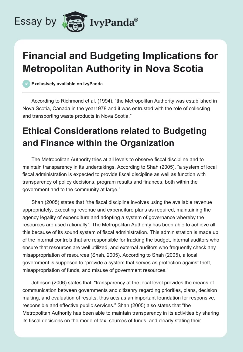 Financial and Budgeting Implications for Metropolitan Authority in Nova Scotia. Page 1
