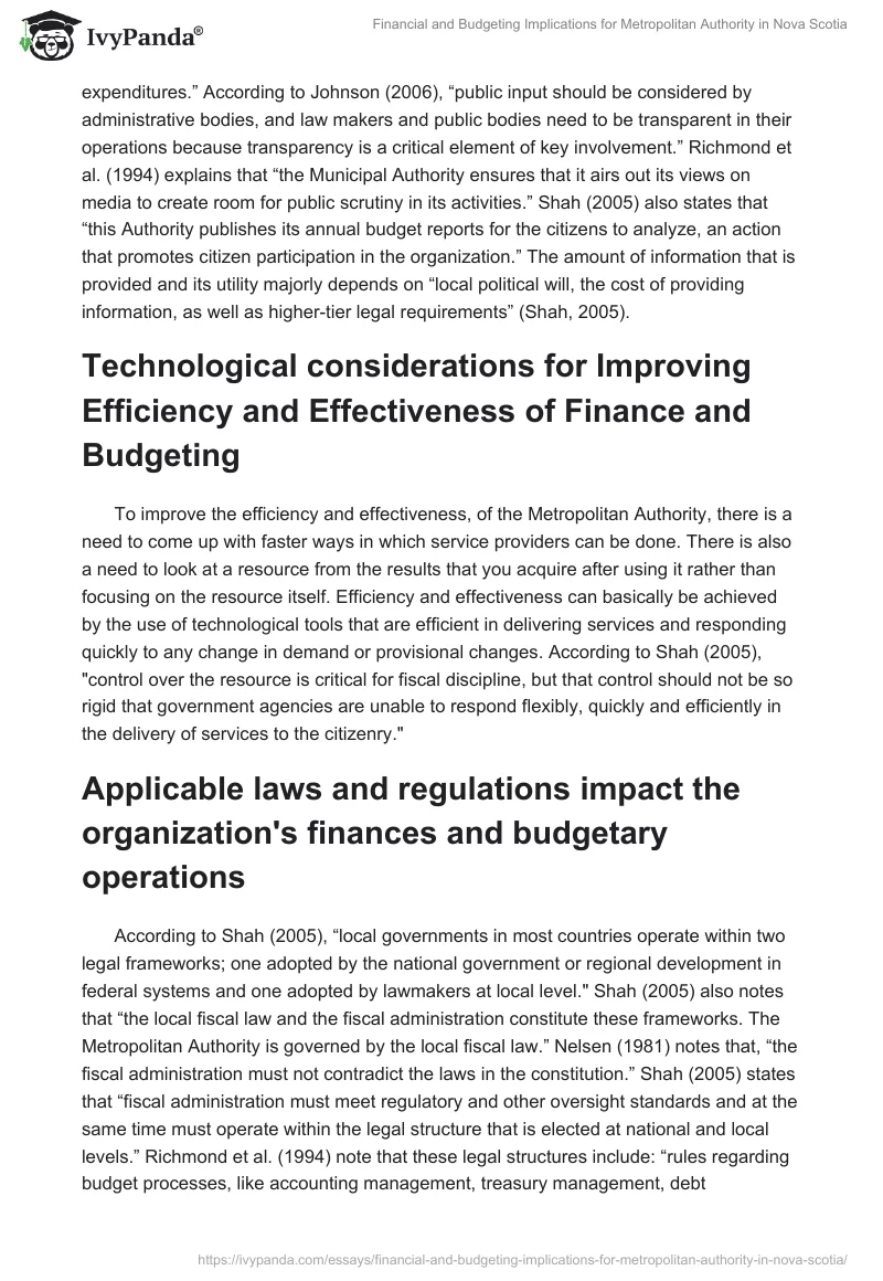 Financial and Budgeting Implications for Metropolitan Authority in Nova Scotia. Page 2