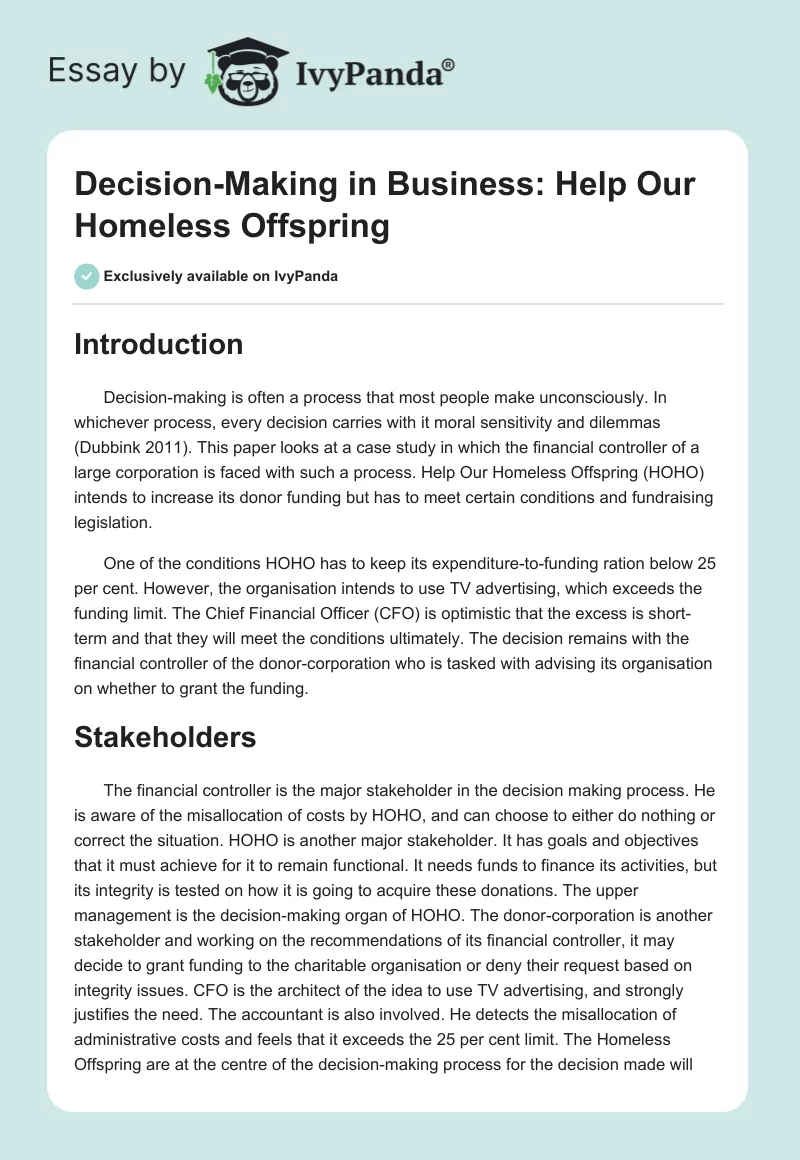Decision-Making in Business: Help Our Homeless Offspring. Page 1