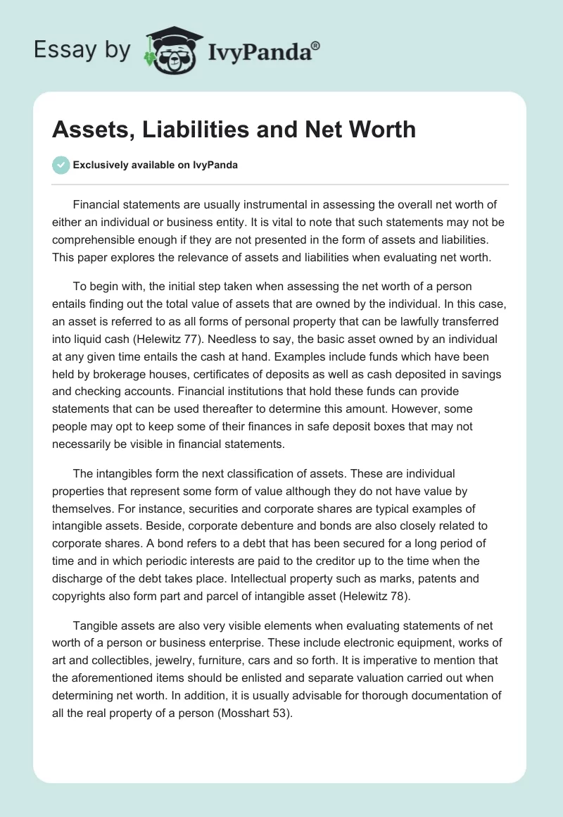 Assets, Liabilities and Net Worth. Page 1