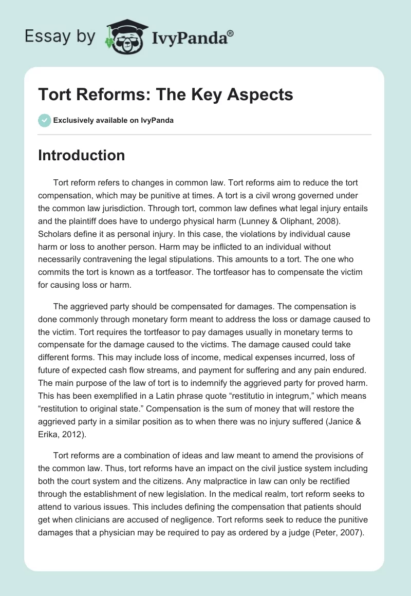 Tort Reforms: The Key Aspects. Page 1