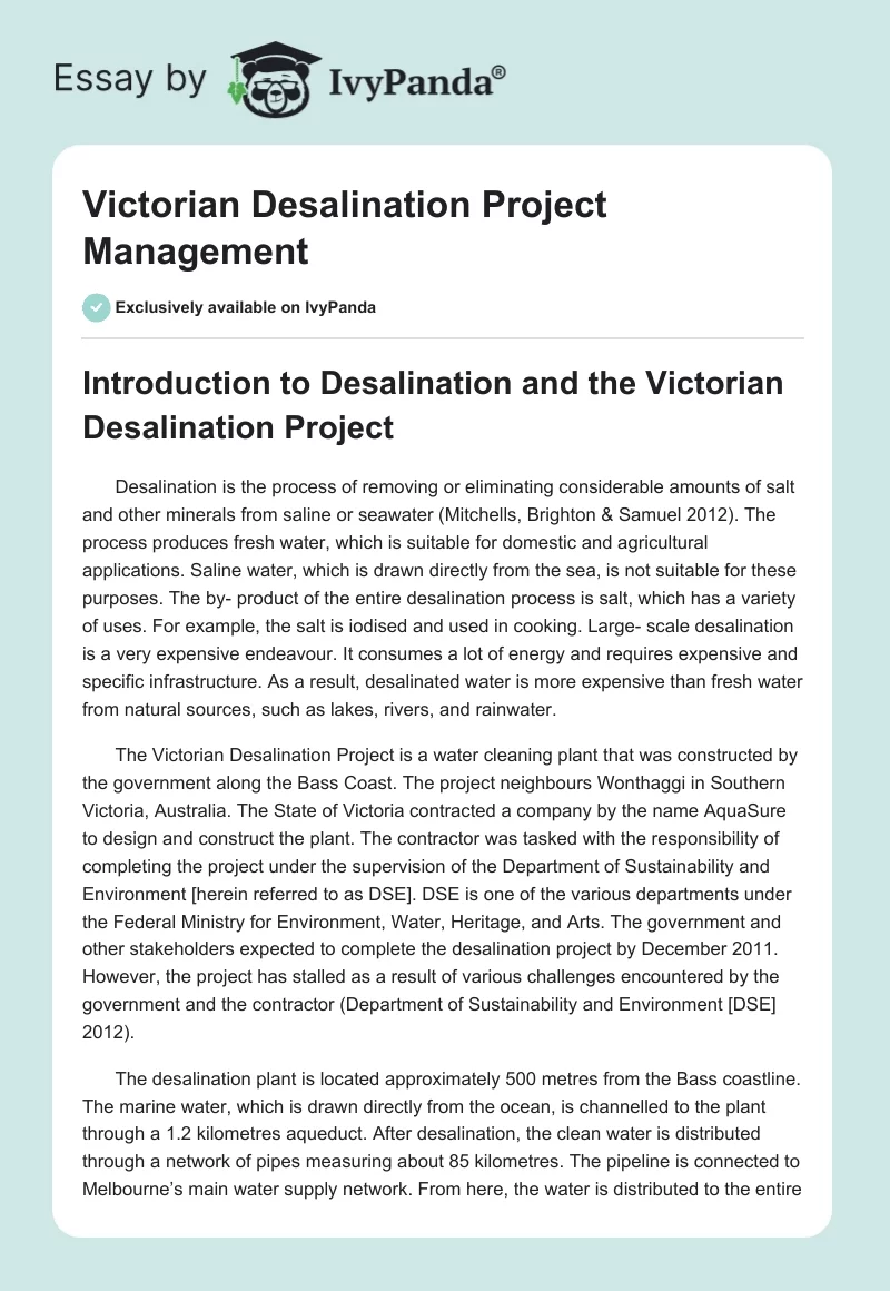 Victorian Desalination Project Management. Page 1