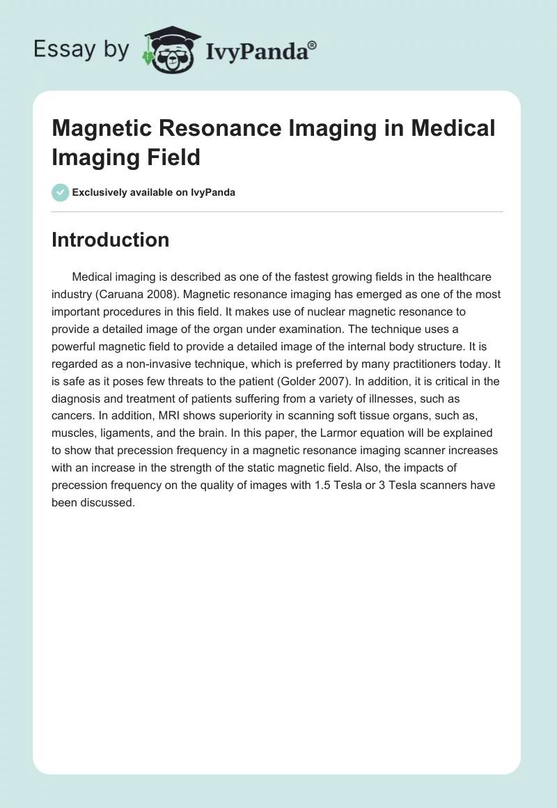 Magnetic Resonance Imaging in Medical Imaging Field. Page 1