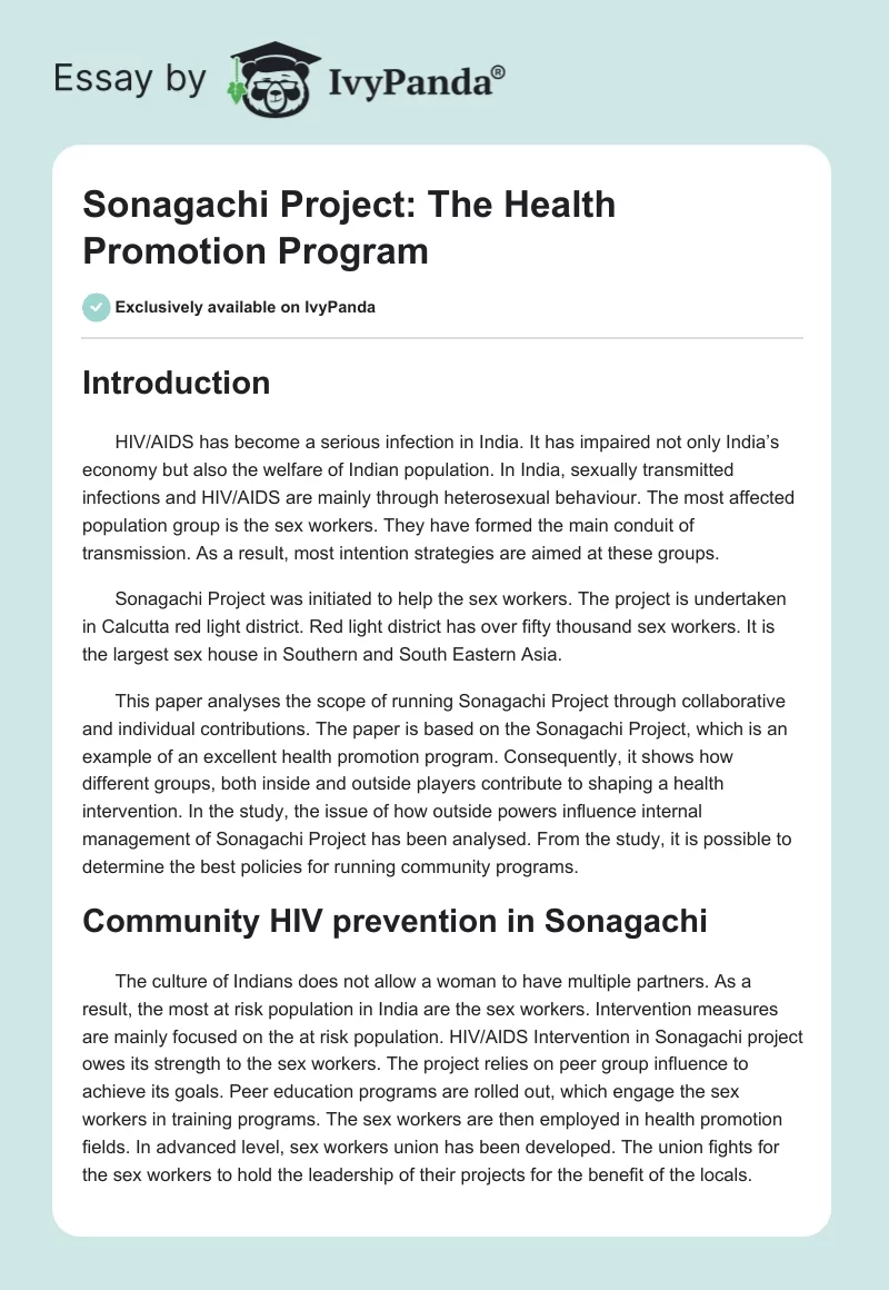 Sonagachi Project: The Health Promotion Program. Page 1