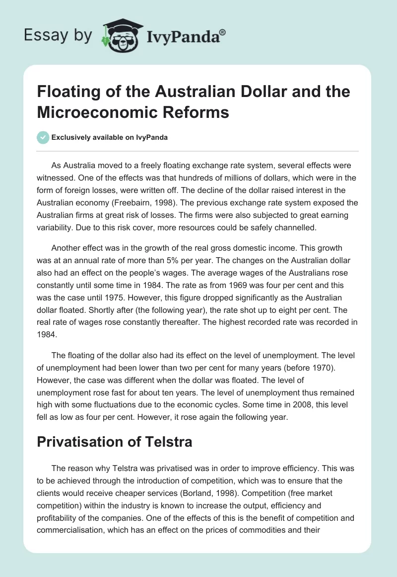 Floating of the Australian Dollar and the Microeconomic Reforms. Page 1
