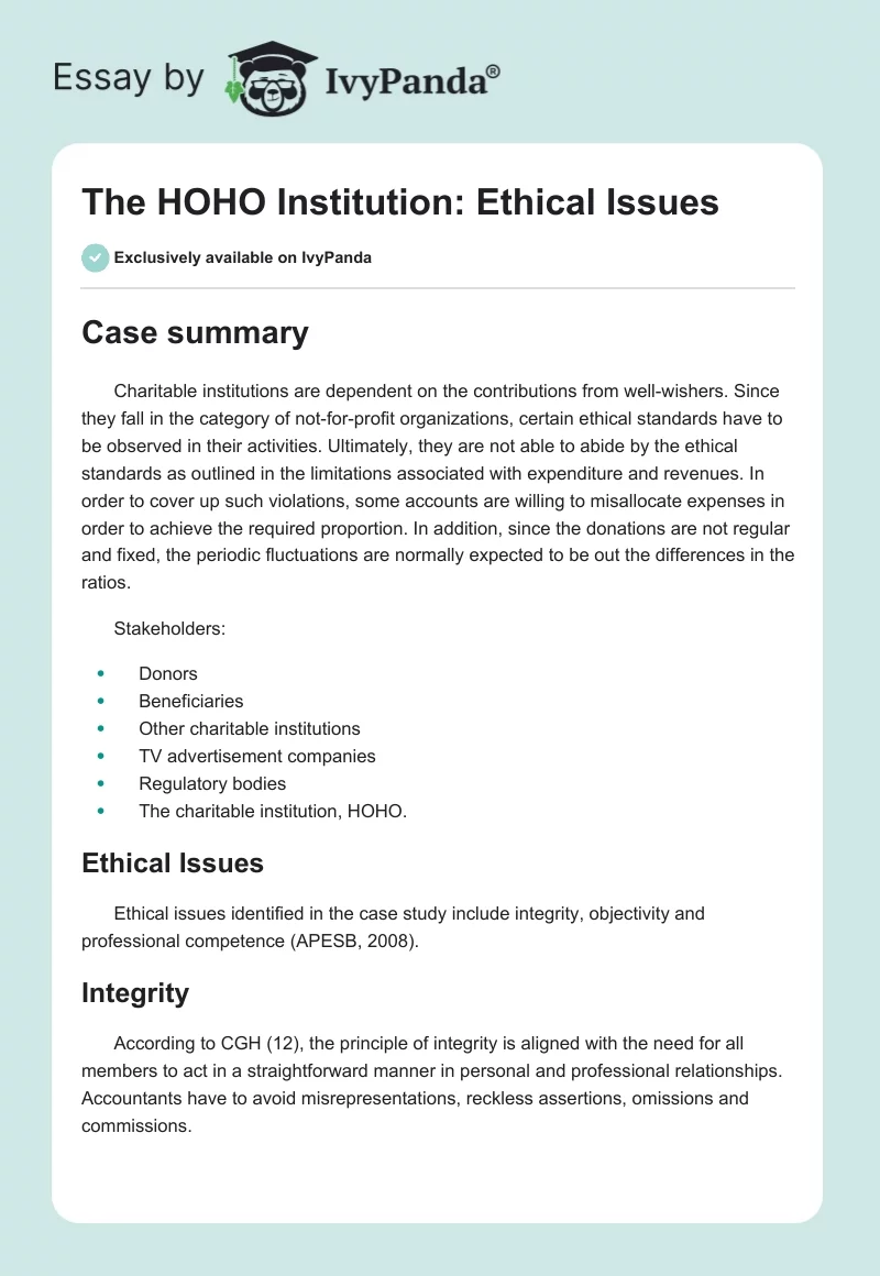 The HOHO Institution: Ethical Issues. Page 1