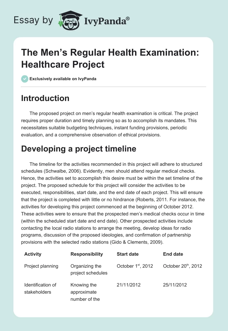 The Men’s Regular Health Examination: Healthcare Project. Page 1