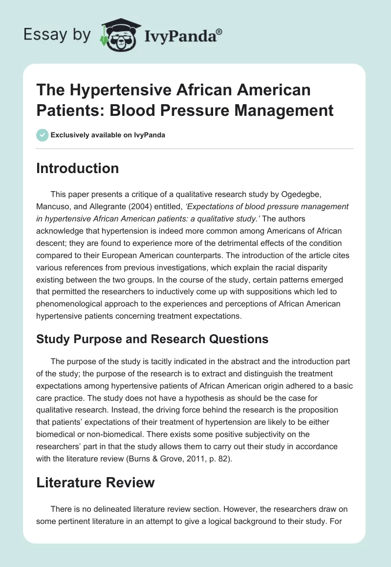 The Hypertensive African American Patients: Blood Pressure Management. Page 1