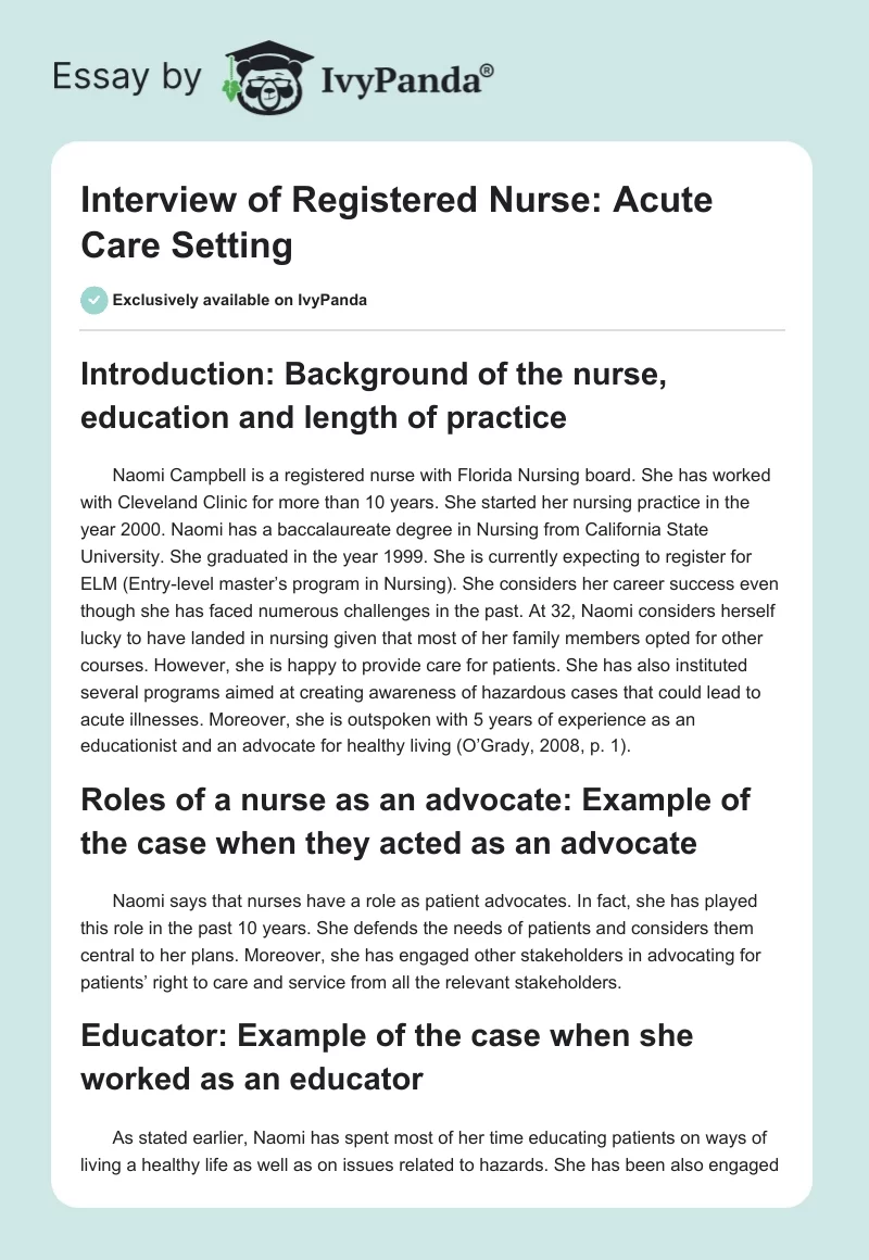 Interview of Registered Nurse: Acute Care Setting. Page 1