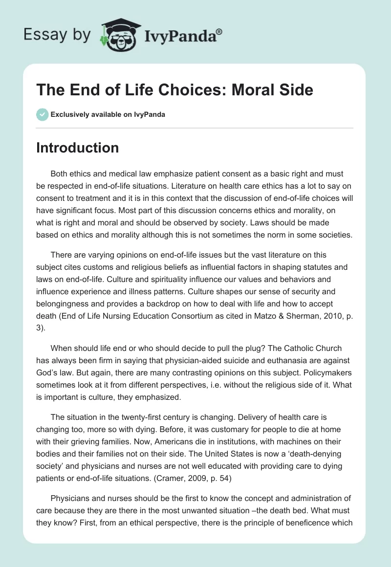 The End of Life Choices: Moral Side. Page 1