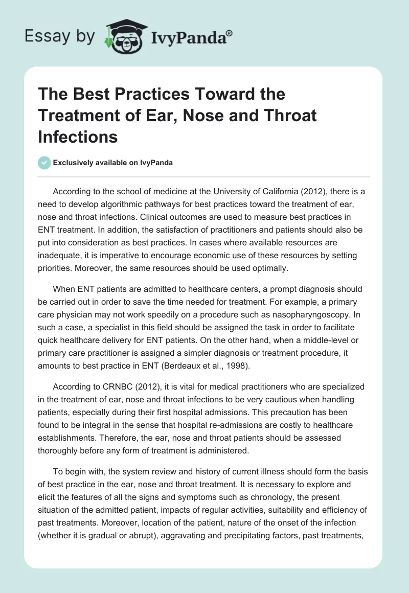 The Best Practices Toward the Treatment of Ear, Nose and Throat Infections. Page 1