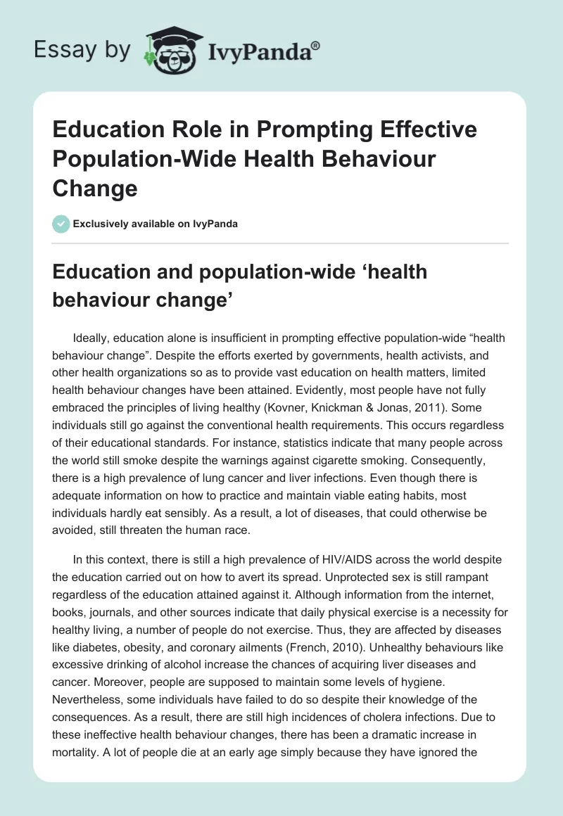 Education Role in Prompting Effective Population-Wide Health Behaviour Change. Page 1