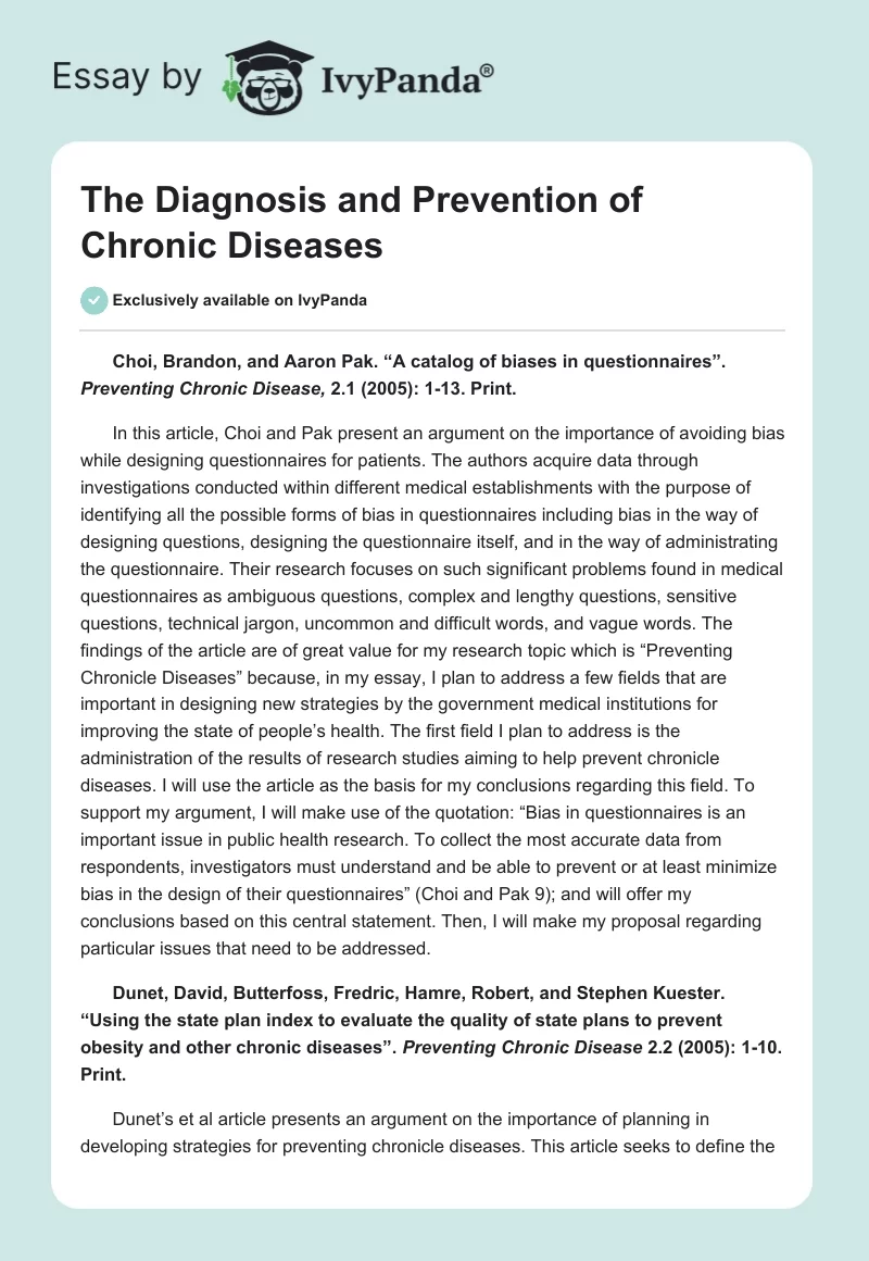 The Diagnosis and Prevention of Chronic Diseases. Page 1