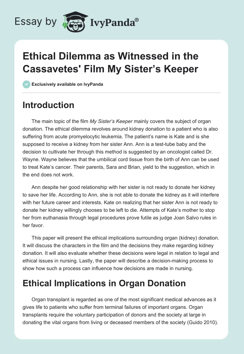 Ethical Dilemma as Witnessed in the Cassavetes' Film "My Sister’s Keeper". Page 1