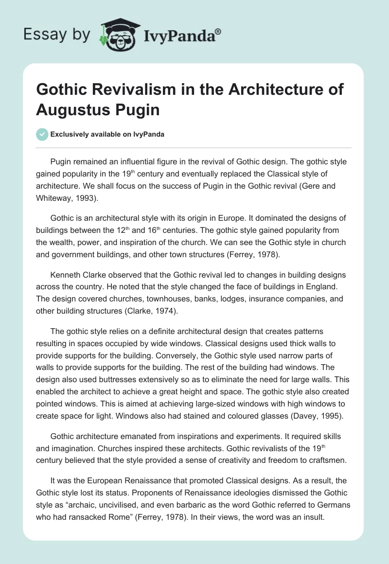 Gothic Revivalism in the Architecture of Augustus Pugin. Page 1