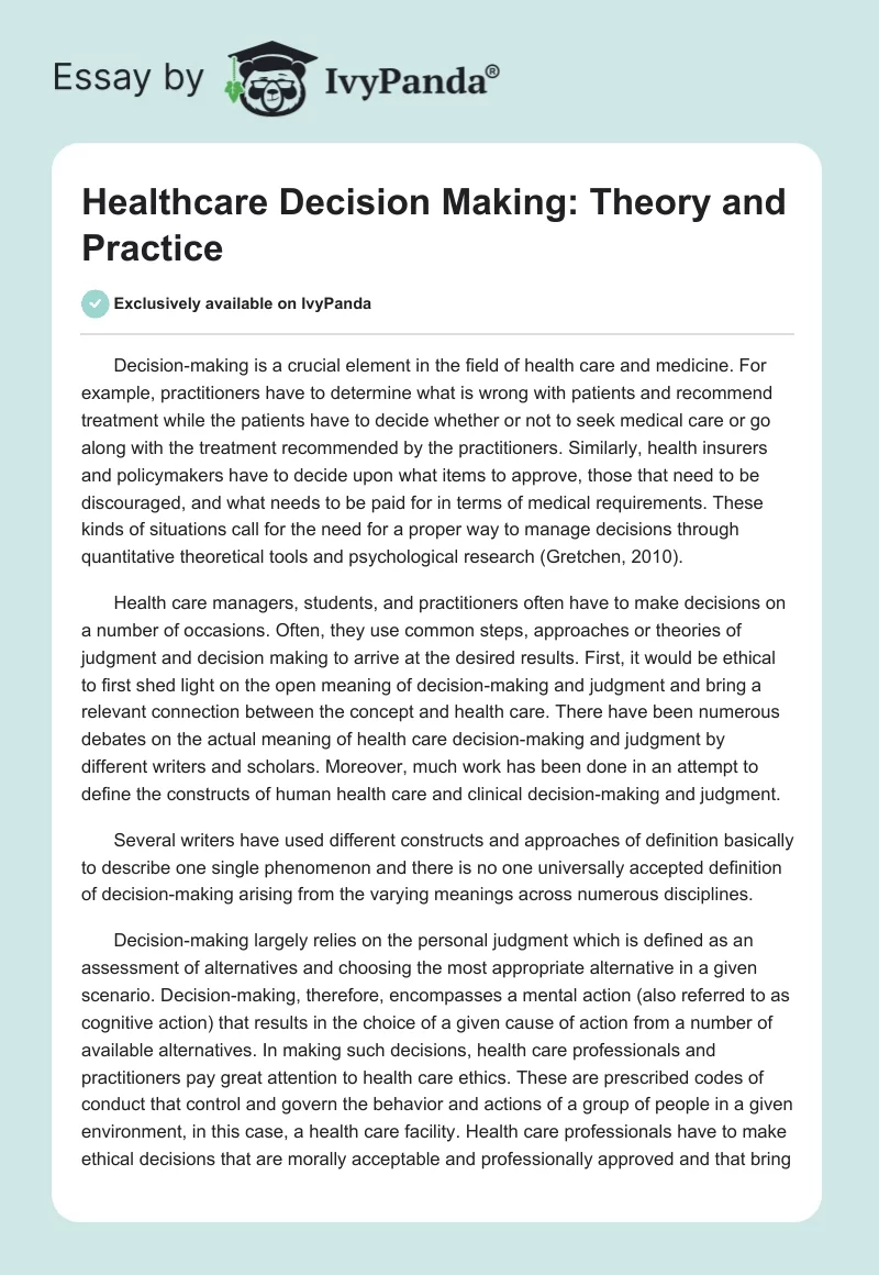 Healthcare Decision Making: Theory and Practice. Page 1