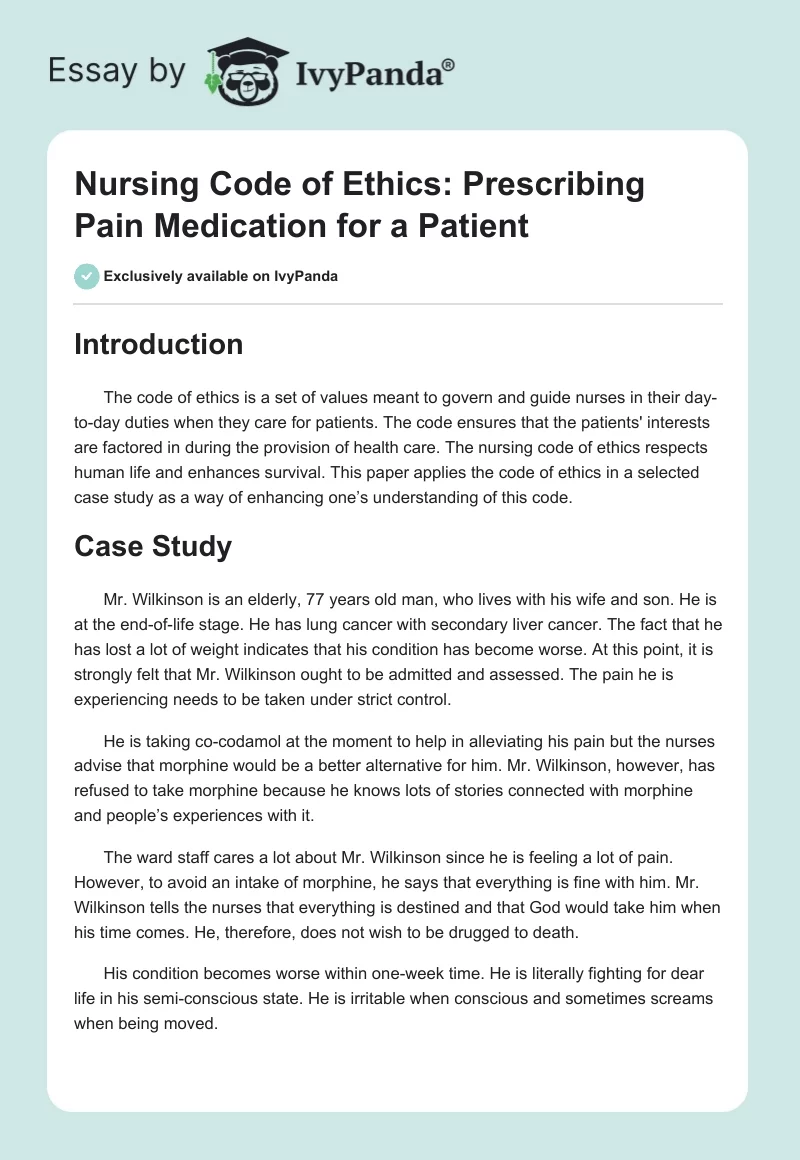 Nursing Code of Ethics: Prescribing Pain Medication for a Patient. Page 1
