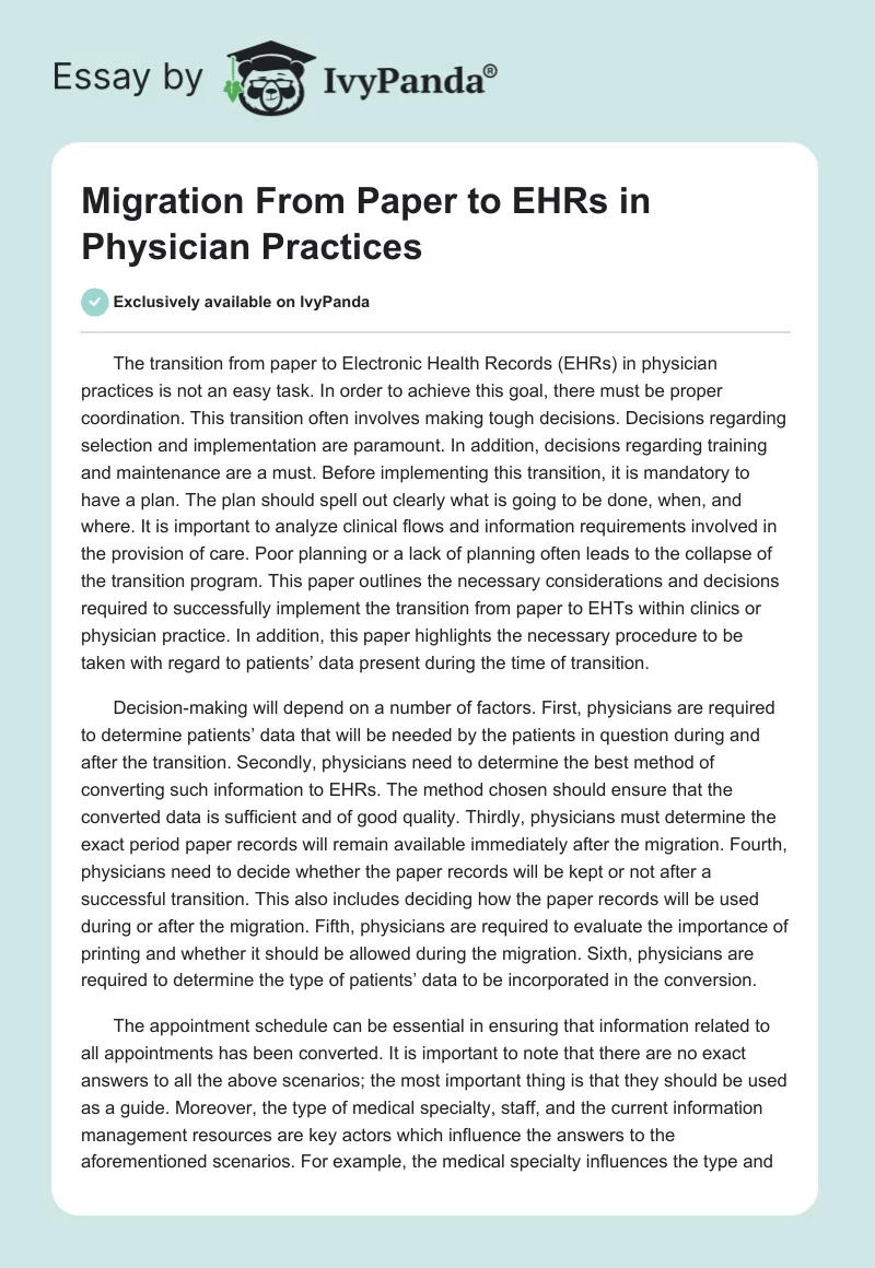 Migration From Paper to EHRs in Physician Practices. Page 1