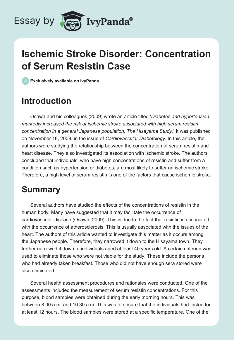 Ischemic Stroke Disorder: Concentration of Serum Resistin Case. Page 1