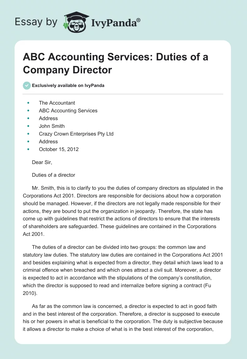 ABC Accounting Services: Duties of a Company Director. Page 1