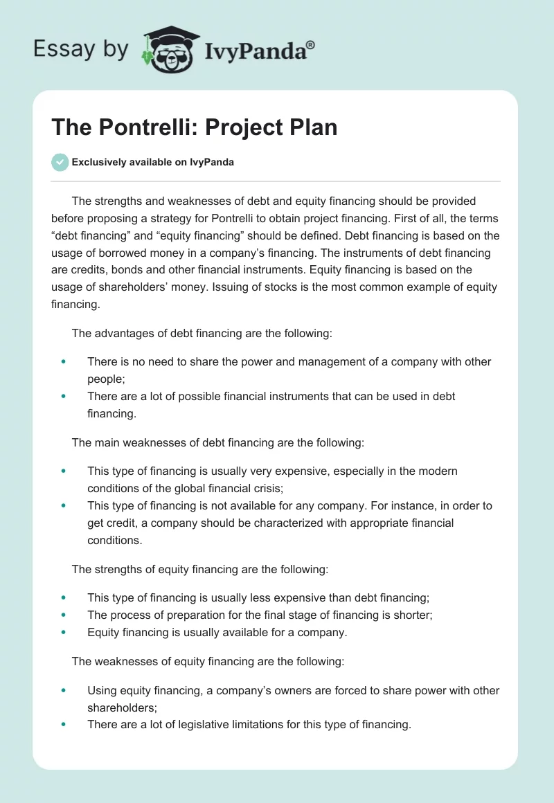 The Pontrelli: Project Plan. Page 1