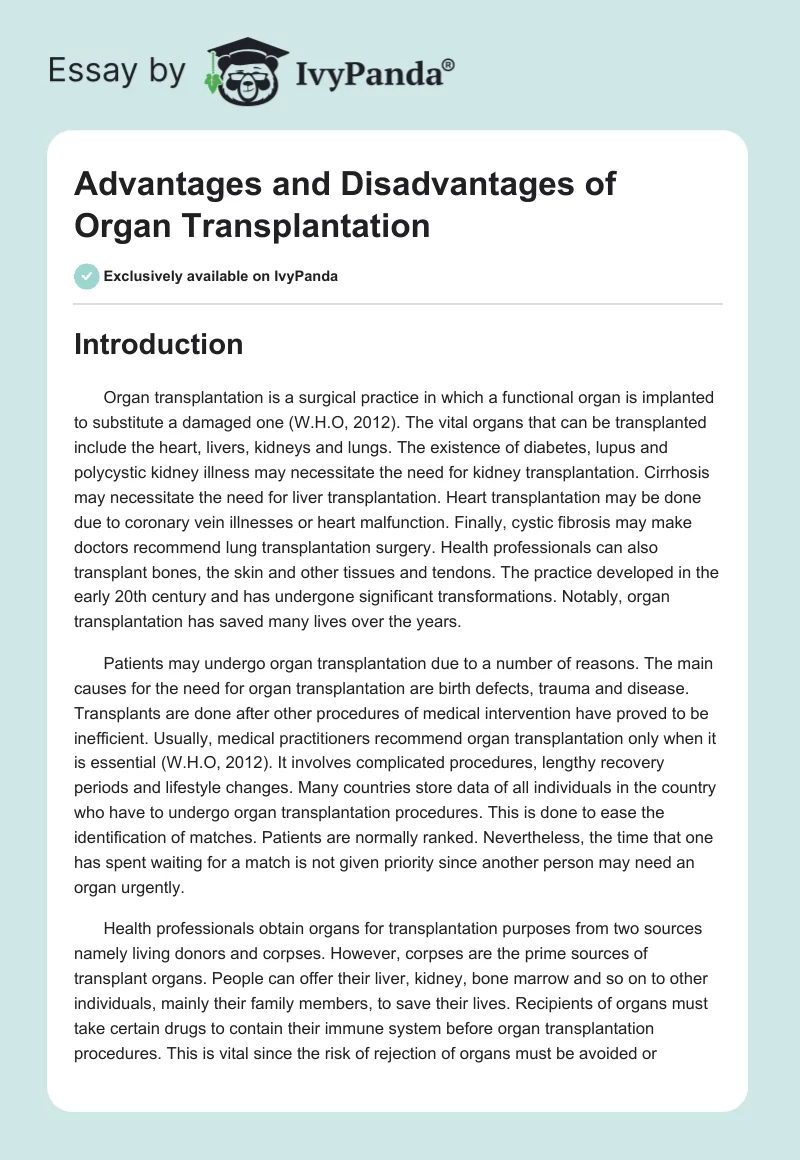 Advantages and Disadvantages of Organ Transplantation. Page 1